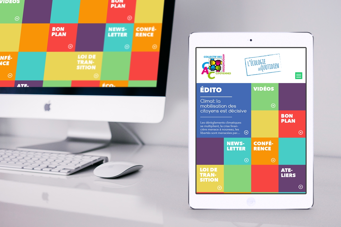 Version tablette de la proposition de webdesign pour le site du Collectif des Associations Citoyennes, rubrique Écologie citoyenne.