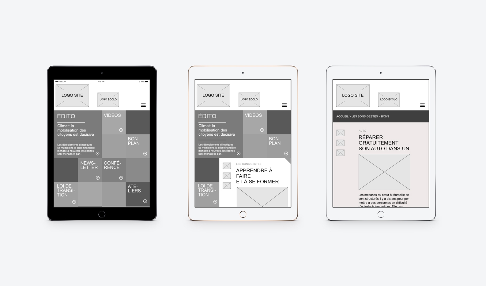 Wireframes des pages Accueil et News du site CAC Écologie citoyenne.